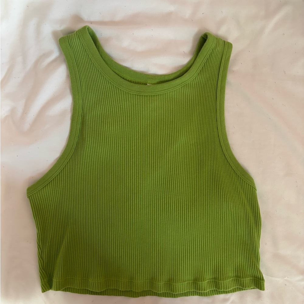 Green Ribbed Sleeveless Crop Top